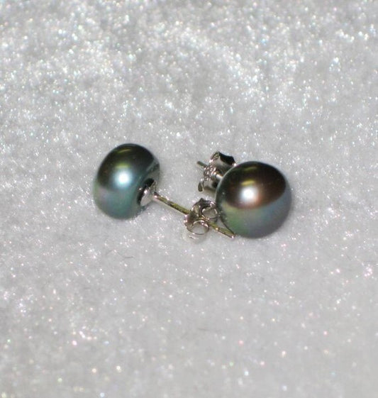 AAA 7.5-8.0mm 925 Sterling Silver Round Peacock Green Pearl Stud Earring