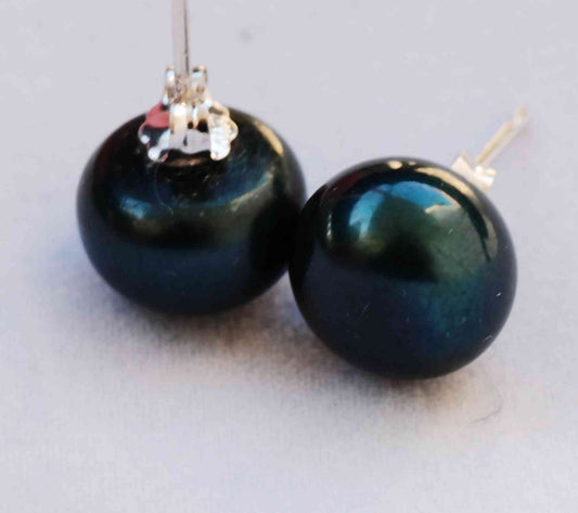 AAA 9.5-10mm 925 Sterling Silver Round deep teal green Freshwater Stud Earrings