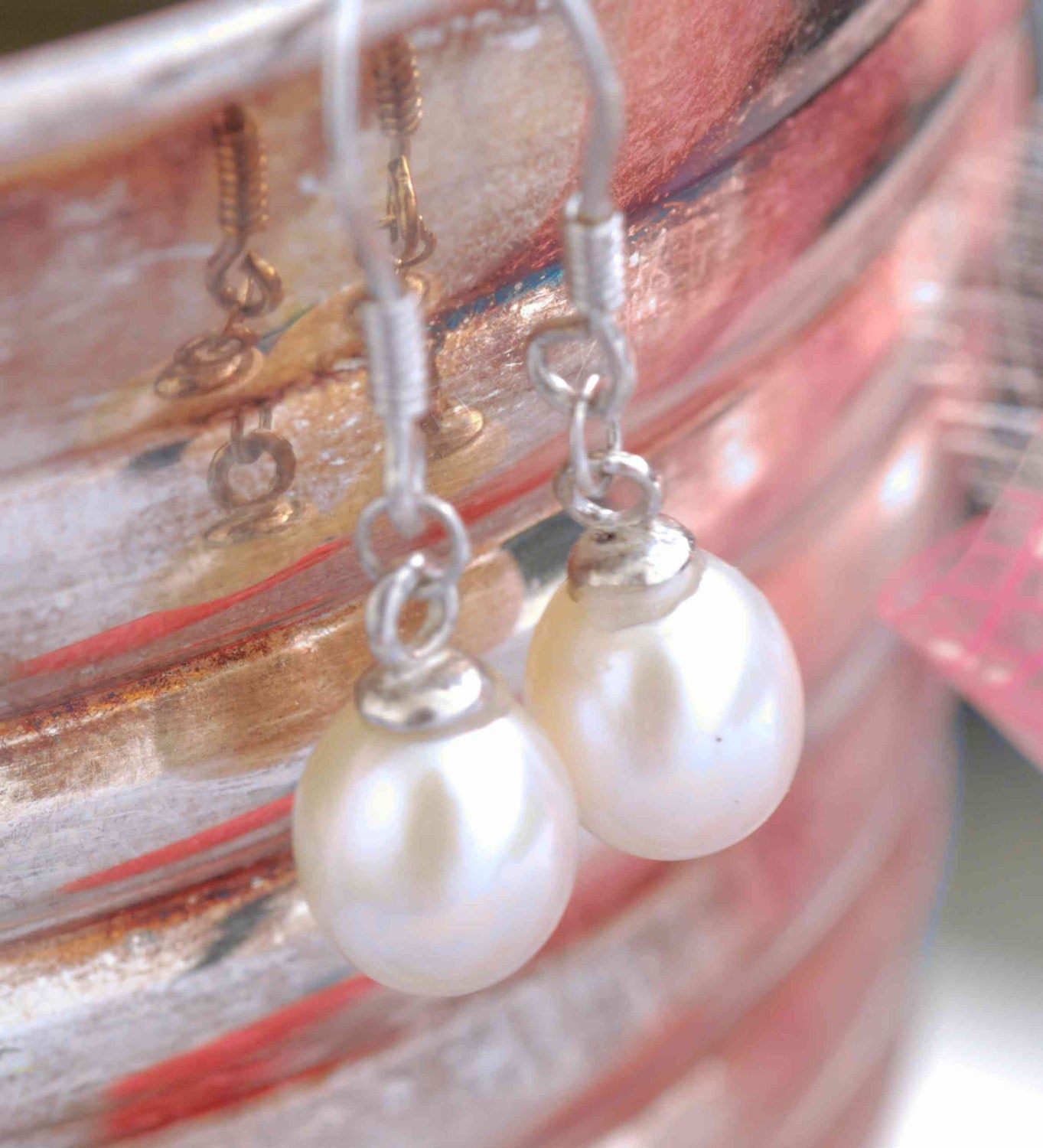 7mmX9mm 925 sterling Silver Teardrop White Freshwater Pearl Dangle Earrings