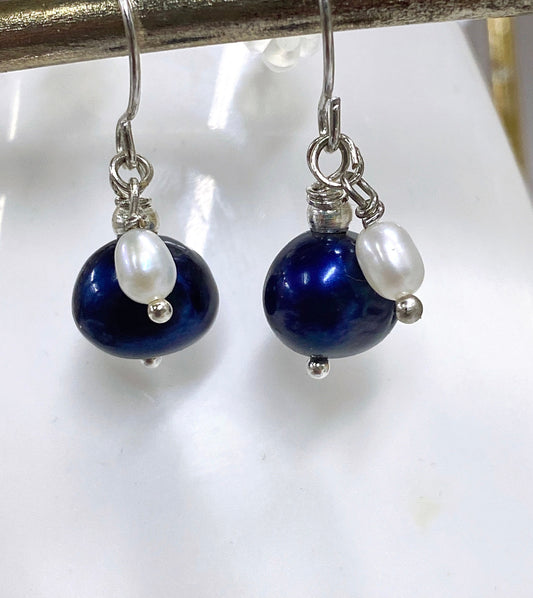 8mm + 3mm 925 Sterling Silver Baroque Navy Blue Freshwater Pearl Dangle Earrings