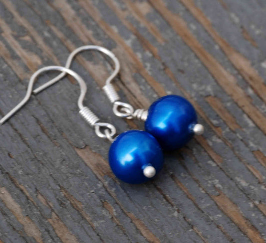 8mm 925 Sterling Silver Round Royal Blue Freshwater Pearl Dangle Earrings