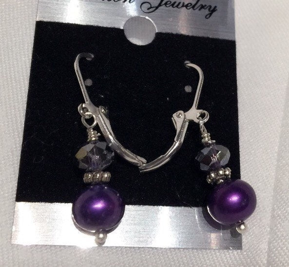 8.5mm 925 Sterling Silver Swarovski Crystal Round Deep Purple Freshwater Pearl Dangle Earring
