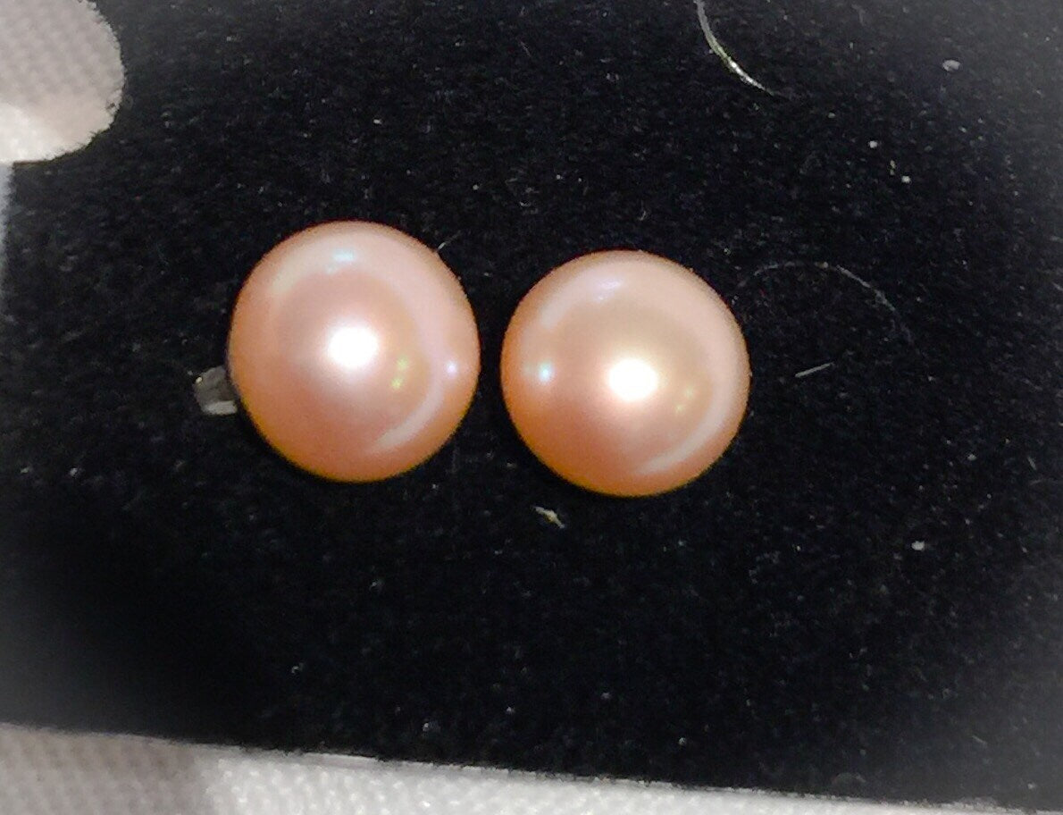 AAA 6.5-7.5mm 925 Sterling Silver Round Peach Pink & White Pearl Stud Earring