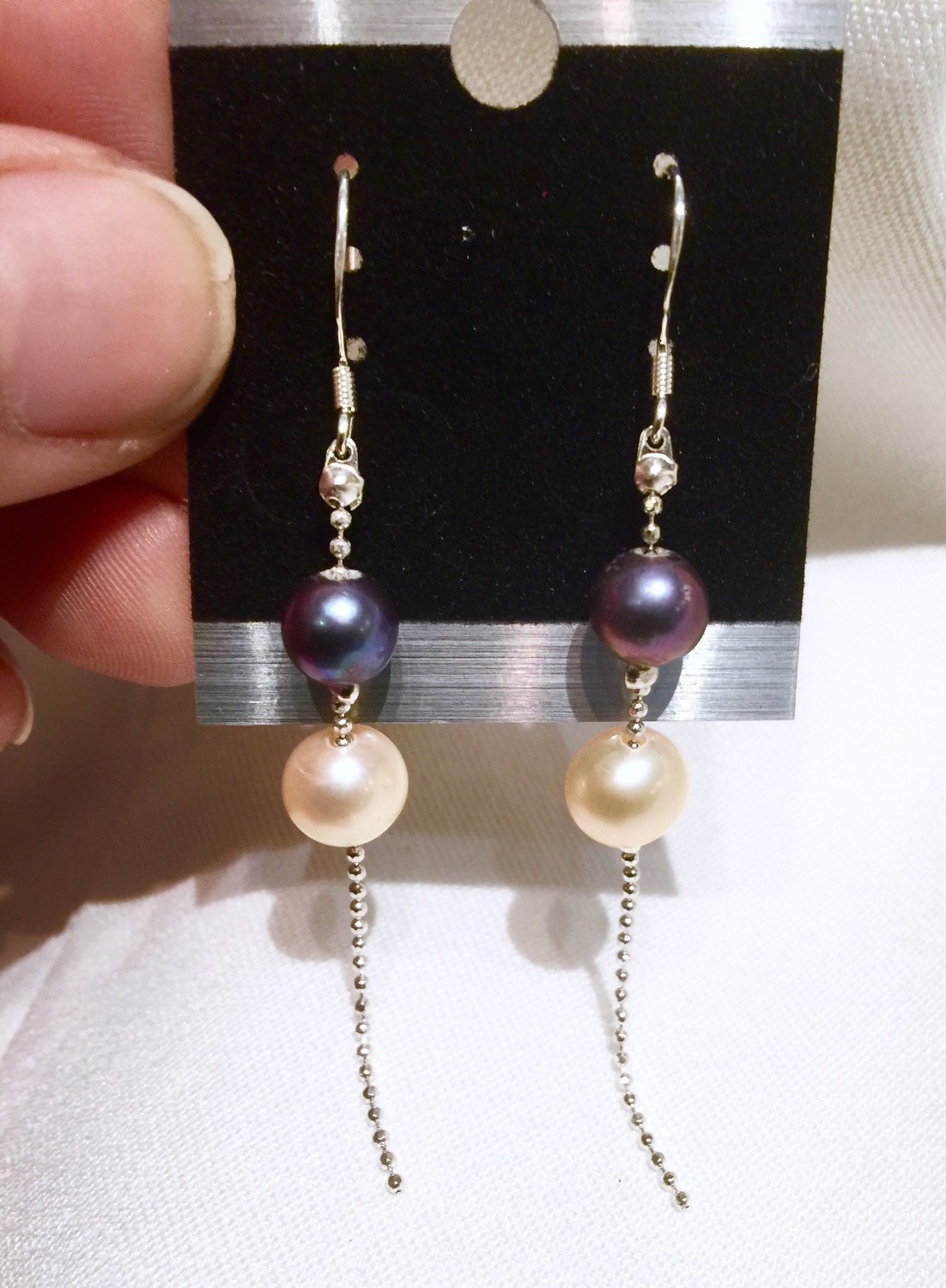6-8mm 925 Sterling Silver Round Peacock and Champagne Freshwater Pearl Dangle Earrings