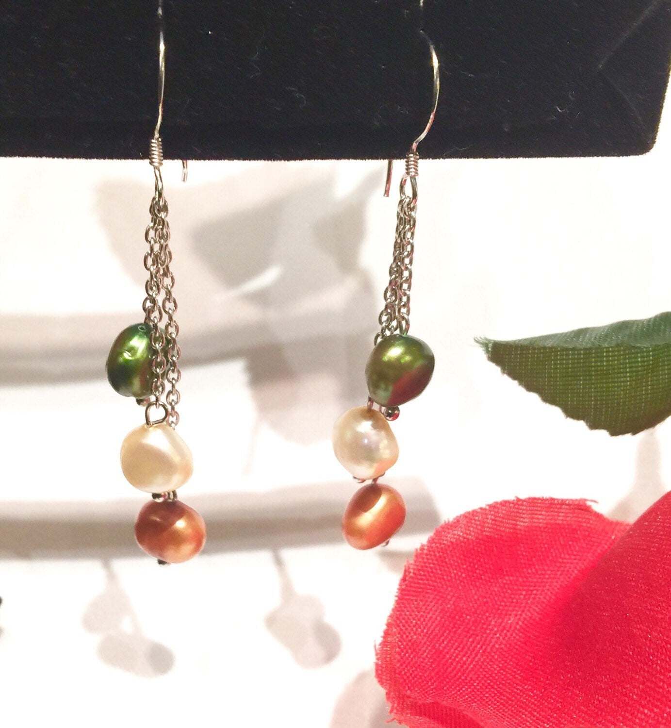 925 Sterling Silver Bronze、Champagne and Olive Green Multi Corn Pearl Earrings