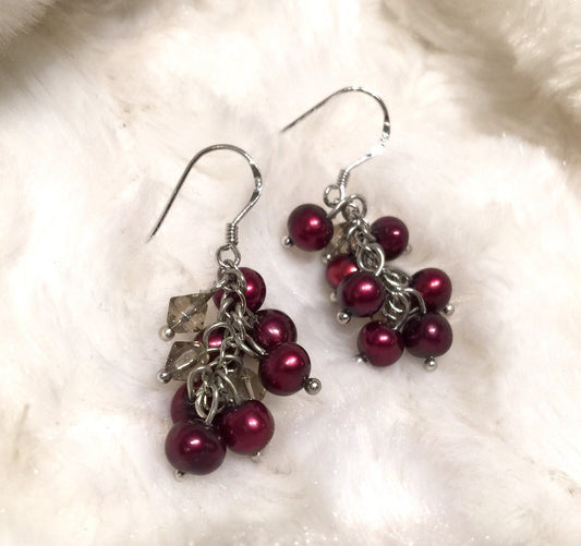 4-5mm 925 Sterling Silver Seed Burgundy Red Grape Freshwater Pearl Dangle Earrings