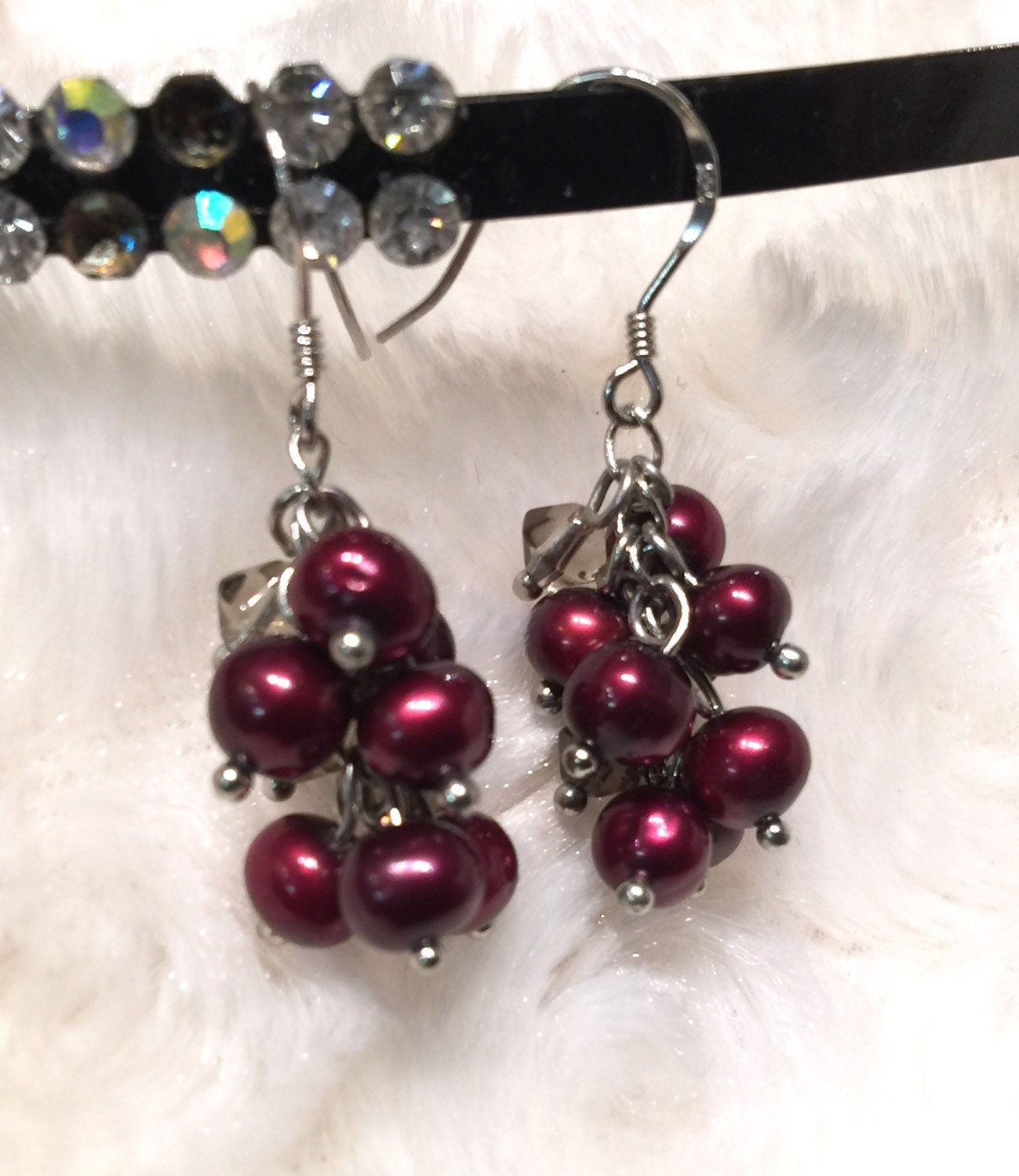 4-5mm 925 Sterling Silver Seed Burgundy Red Grape Freshwater Pearl Dangle Earrings