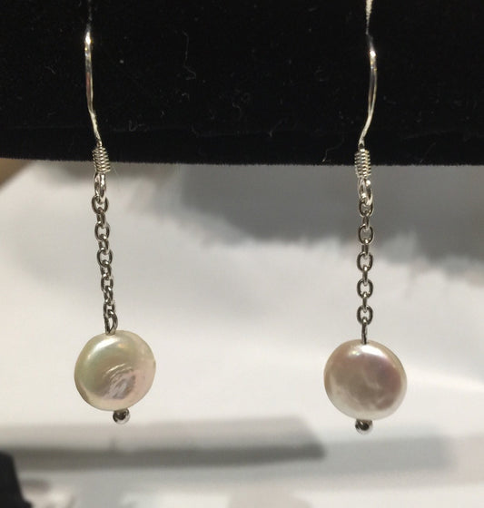 8-9mm Ivory White Coin Pearl Dangle Earrings