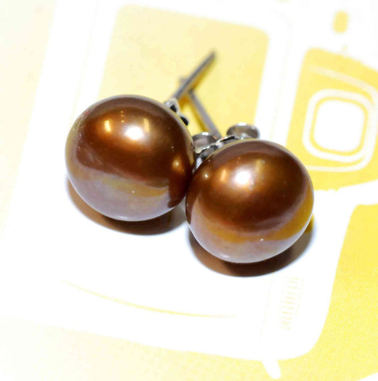 AAA+ 8.5-9mm 925 Sterling Silver Coffee Round Brown Freshwater Pearl Studs