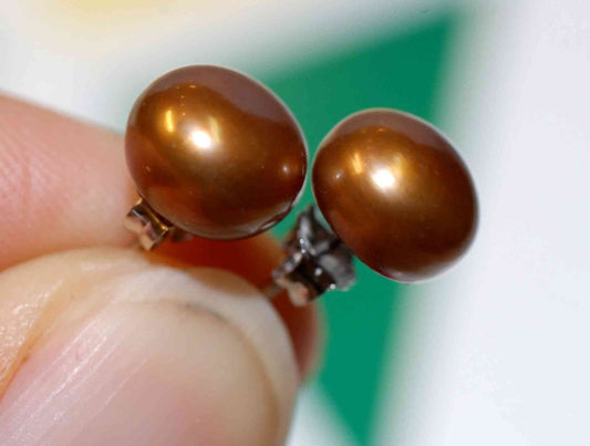 AAA+ 8.5-9mm 925 Sterling Silver Coffee Round Brown Freshwater Pearl Studs