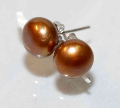 AAA+ 8.5-9mm 925 Sterling Silver Coffee Round Brown Freshwater Pearl Studs