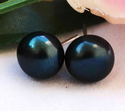 AAA 9.5-10mm 925 Sterling Silver Round deep teal green Freshwater Stud Earrings