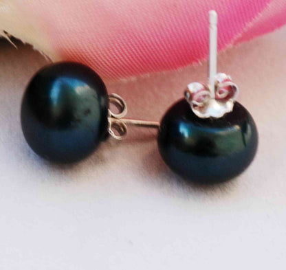 AAA 9.5-10mm 925 Sterling Silver Round deep teal green Freshwater Stud Earrings