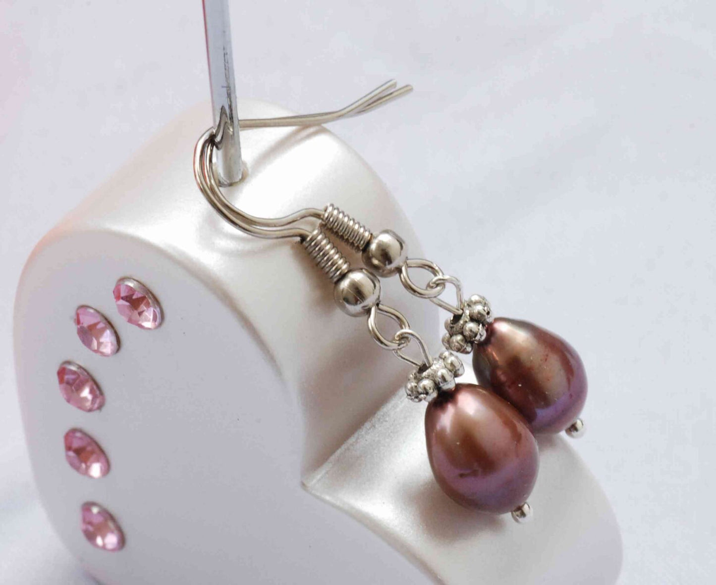 7X9mm 18k Gold Plated Rice Oval Coffee Brown Freshwater Pearl Dangle Earrings