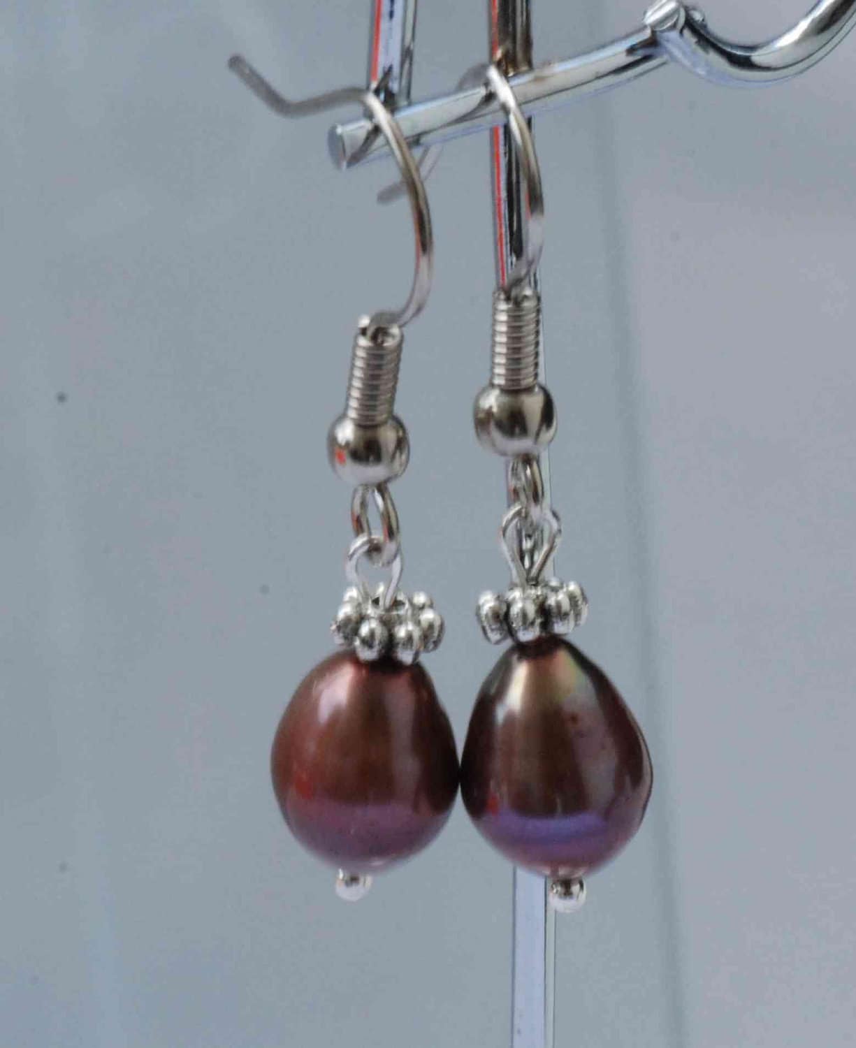 7X9mm 18k Gold Plated Rice Oval Coffee Brown Freshwater Pearl Dangle Earrings