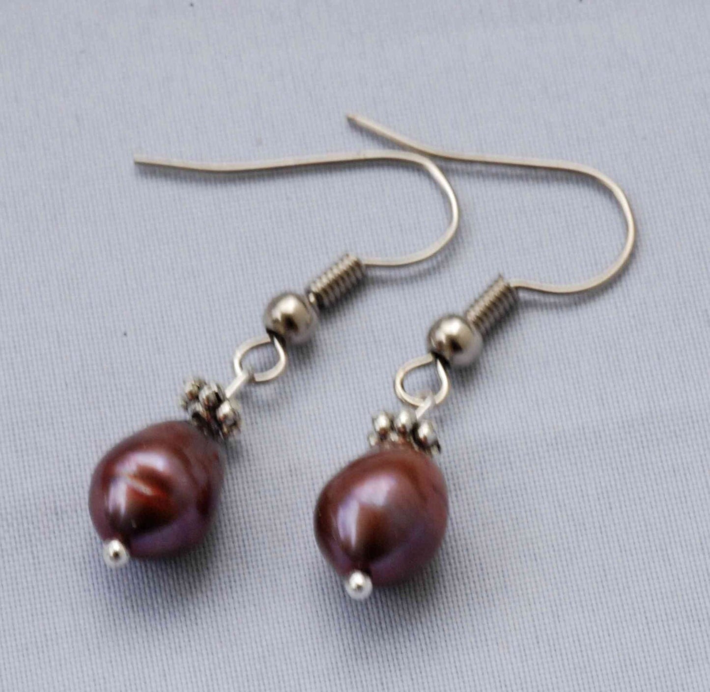 7X9mm 18k Gold Plated Rice Oval Coffee Brown Freshwater Pearl Dangle Earrings