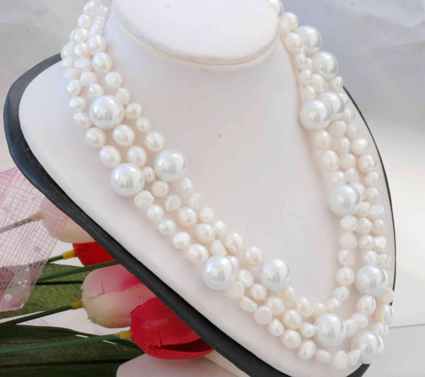7-8mm Baroque White Freshwater Pearl With 14mm Crystal Pearl Necklace