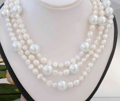 7-8mm Baroque White Freshwater Pearl With 14mm Crystal Pearl Necklace
