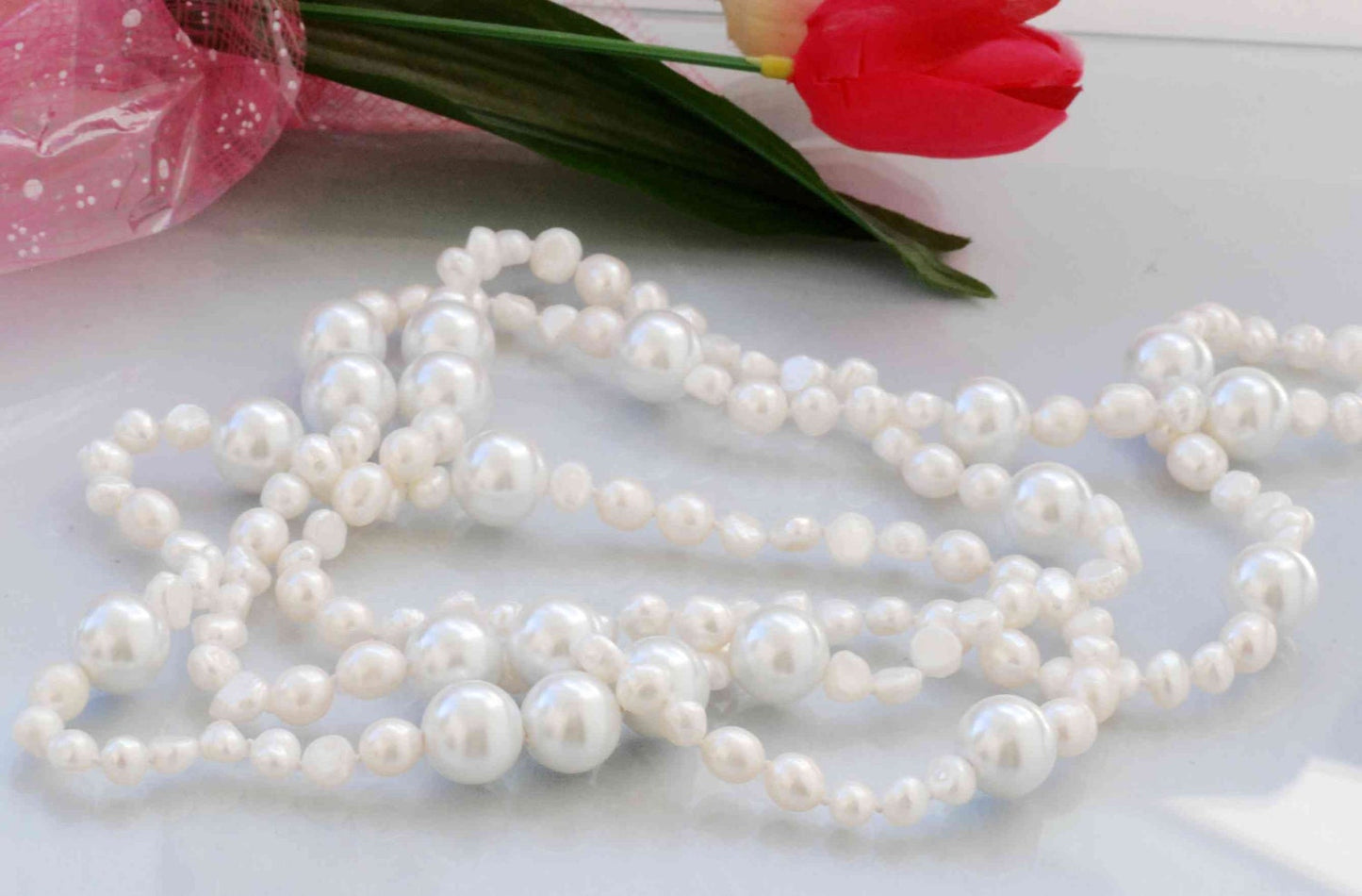 7-8mm Baroque White Freshwater Pearl With 14mm Crystal Pearl Necklace
