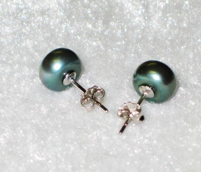 AAA 7.5-8.0mm 925 Sterling Silver Round Peacock Green Freshwater Pearl Stud Earrings