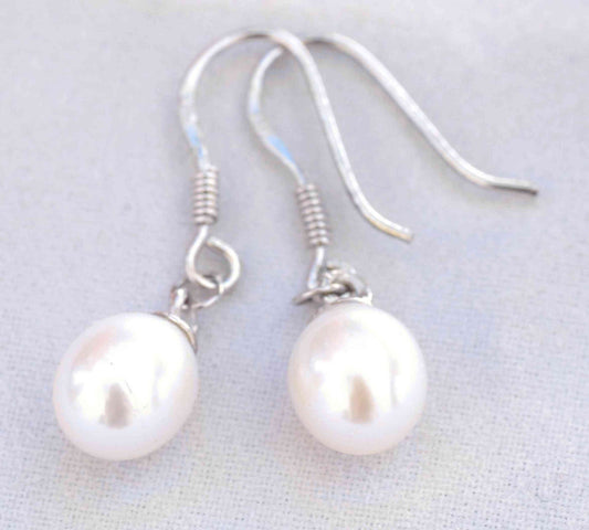 7mmX9mm 925 sterling Silver Teardrop White Freshwater Pearl Dangle Earrings