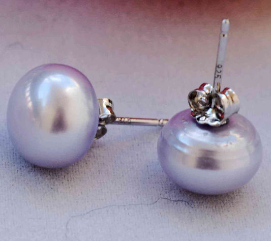 AAA 10-10.5mm 925 Sterling Silver Round Lavender Freshwater Pearl Stud Earring