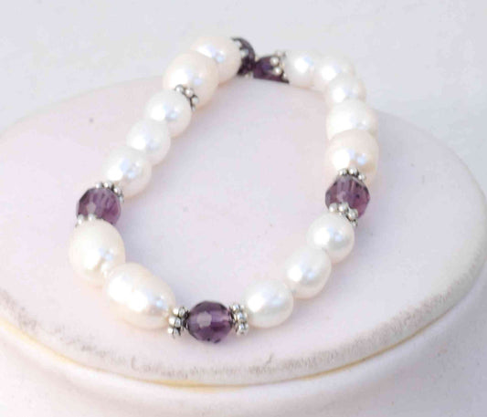 7mmx10mm Rice Baroque White & Purple Freshwater Pearl Bracelet