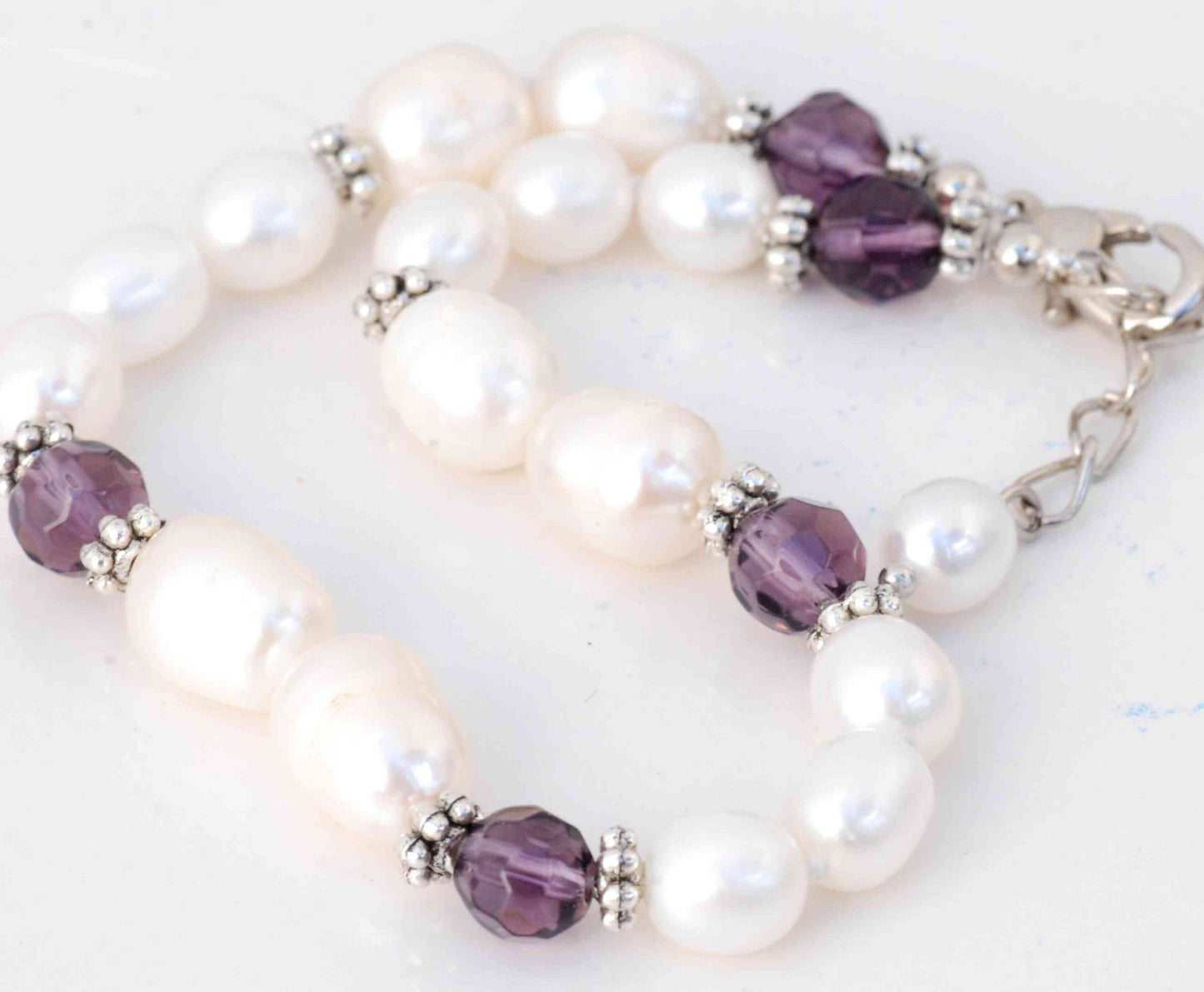 7mmx10mm Rice Baroque White & Purple Freshwater Pearl Bracelet