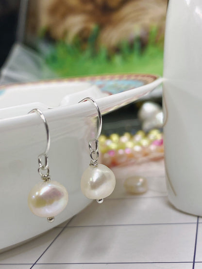 8mm 925 Sterling Silver Baroque Freshwater Pearl Dangle Earrings