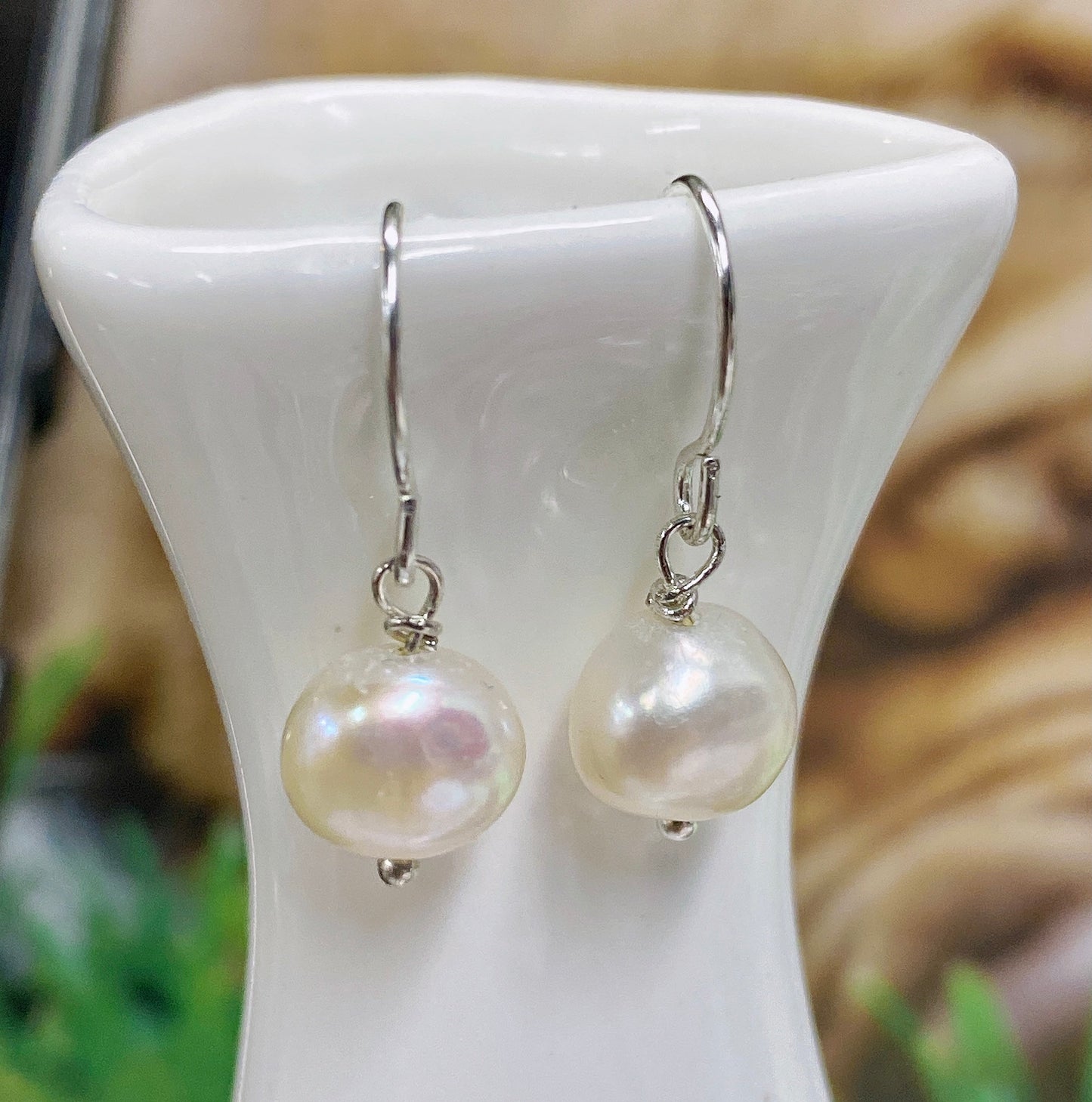 8mm 925 Sterling Silver Baroque Freshwater Pearl Dangle Earrings