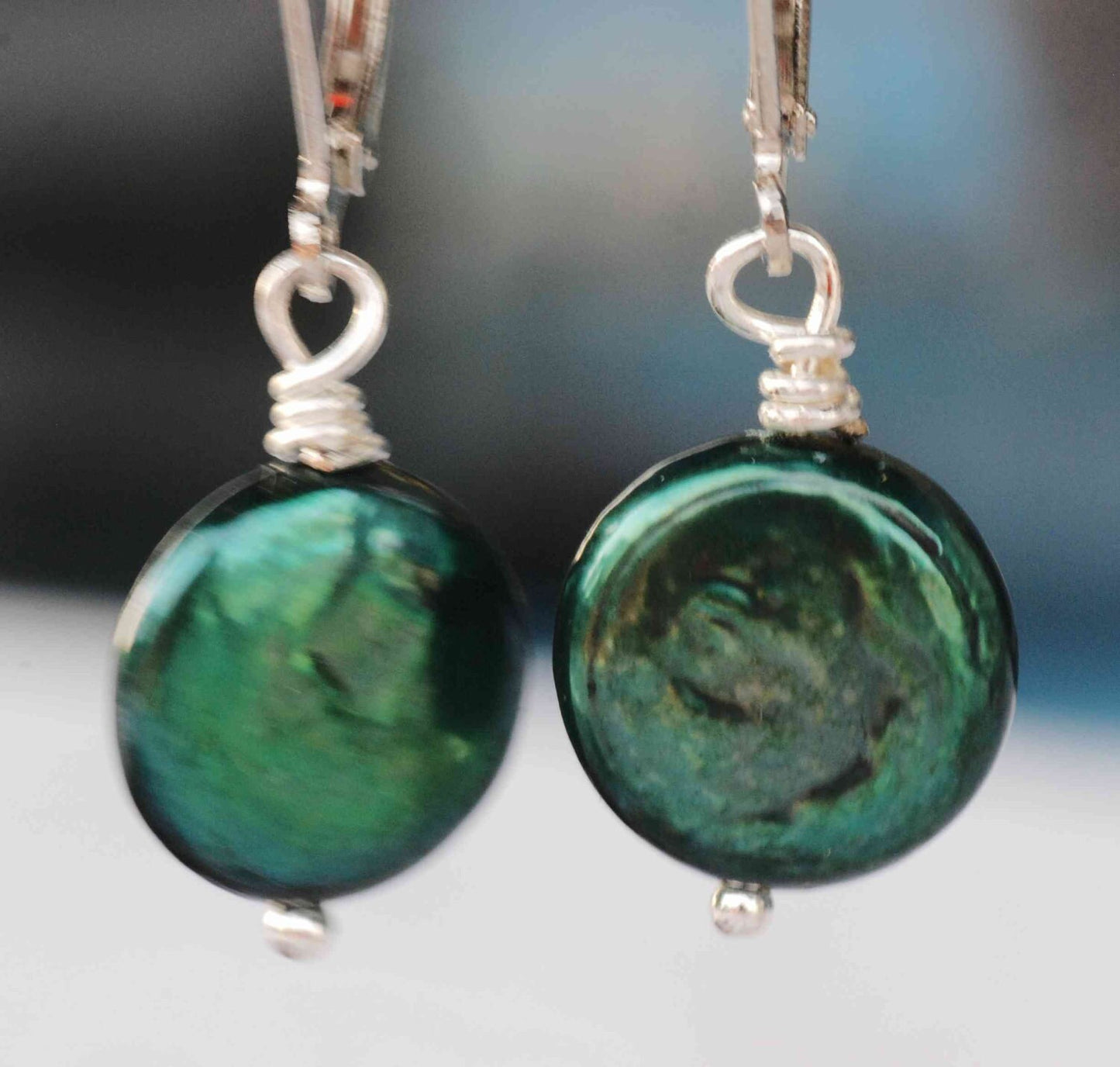 12-13mm 18k white gold Coin Teal Forest Green Freshwater Pearl Dangle Earrings