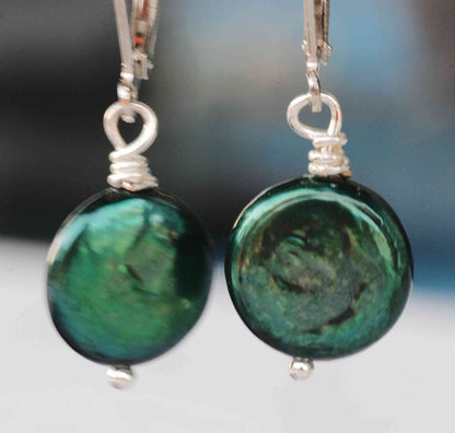 12-13mm 18k white gold Coin Teal Forest Green Freshwater Pearl Dangle Earrings