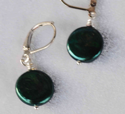 12-13mm 18k white gold Coin Teal Forest Green Freshwater Pearl Dangle Earrings
