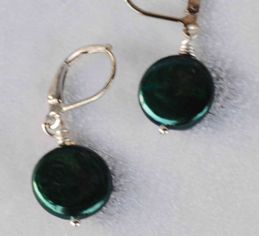 12-13mm 18k white gold Coin Teal Forest Green Freshwater Pearl Dangle Earrings