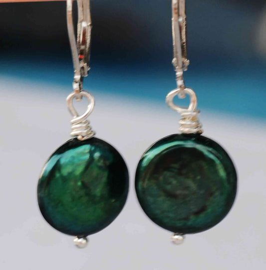 12-13mm 18k white gold Coin Teal Forest Green Freshwater Pearl Dangle Earrings