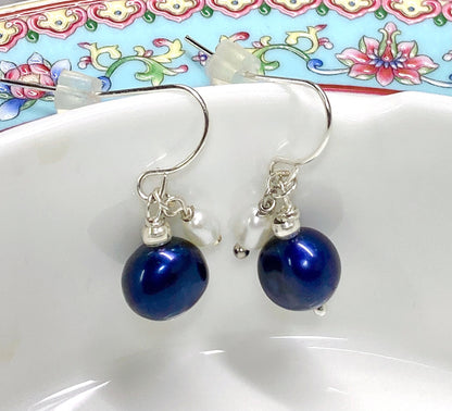 8mm + 3mm 925 Sterling Silver Baroque Navy Blue Freshwater Pearl Dangle Earrings