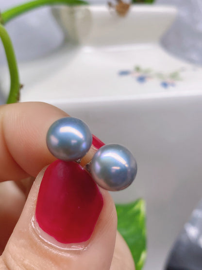 AAA 8-8.5mm 925 Sterling Silver Round Silver-Grey Freshwater Pearl Studs