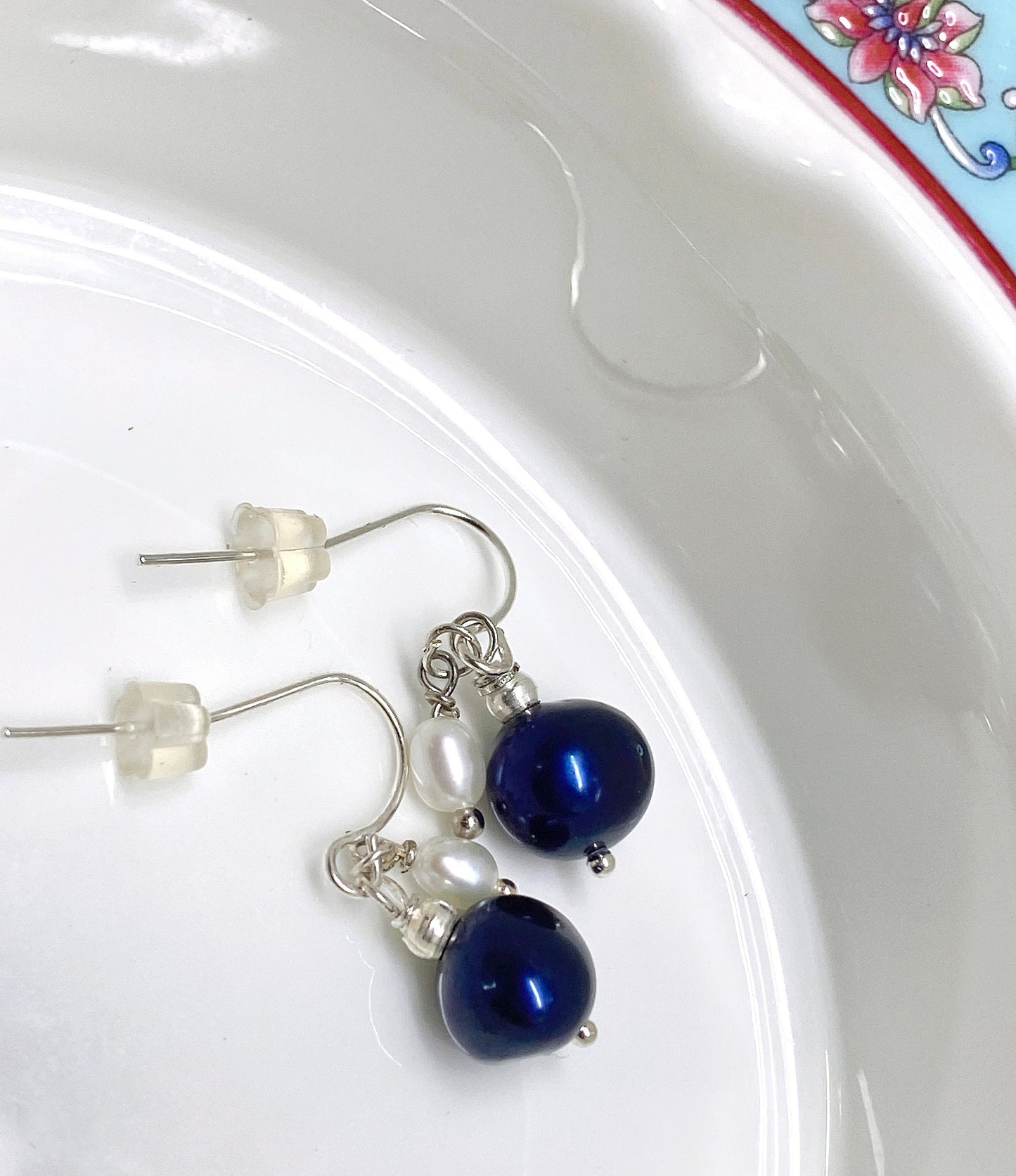 8mm + 3mm 925 Sterling Silver Baroque Navy Blue Freshwater Pearl Dangle Earrings