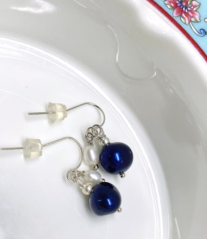 8mm + 3mm 925 Sterling Silver Baroque Navy Blue Freshwater Pearl Dangle Earrings