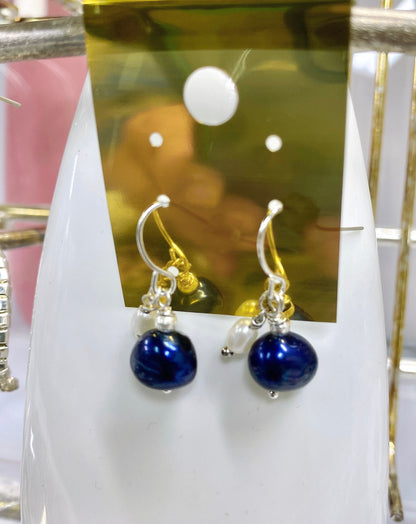 8mm + 3mm 925 Sterling Silver Baroque Navy Blue Freshwater Pearl Dangle Earrings