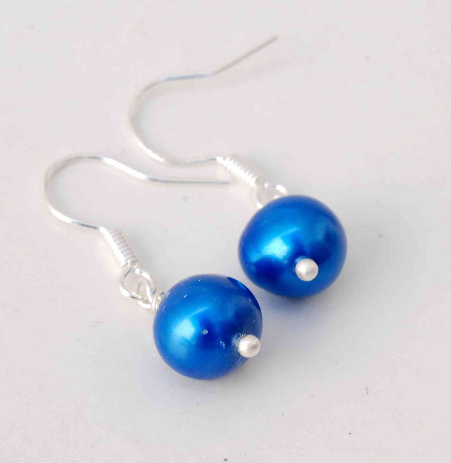8mm 925 Sterling Silver Round Royal Blue Freshwater Pearl Dangle Earrings