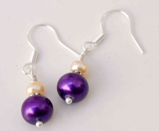 8-9mm 925 Sterling Silver Round Claret Purple Freshwater Pearl Dangle Earrings
