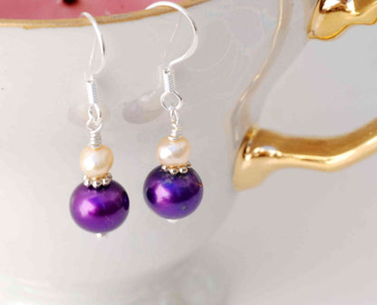 8-9mm 925 Sterling Silver Round Claret Purple Freshwater Pearl Dangle Earrings