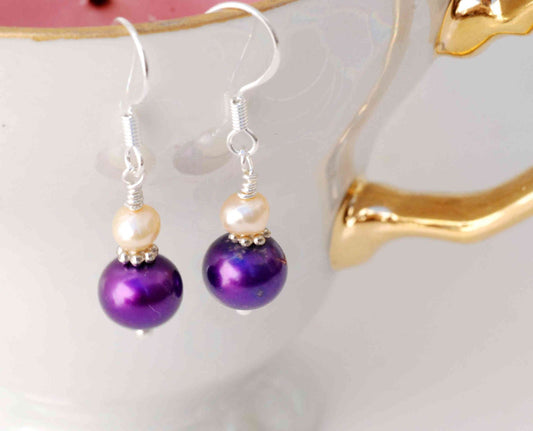 8-9mm 925 Sterling Silver Round Claret Purple Freshwater Pearl Dangle Earrings