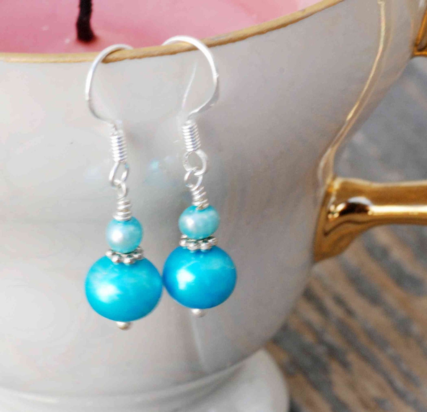 8-9mm 925 Sterling Silver Round Aqua Blue Freahwater Pearl Dangle Earrings