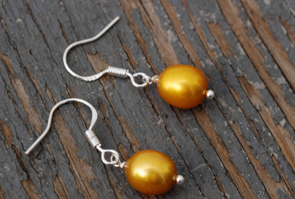 8.5-10mm 925 sterling silver Oval Gold Freshwater Pearl Dangle Earrings