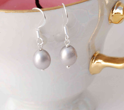 8.5-10mm 925 Sterling Silver Oval White Freshwater Pearl Dangle Earrings