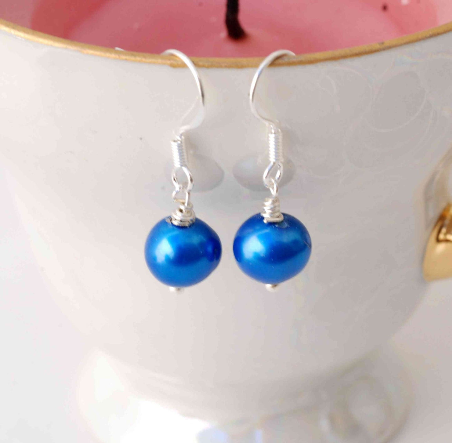 8mm 925 Sterling Silver Round Royal Blue Freshwater Pearl Dangle Earrings