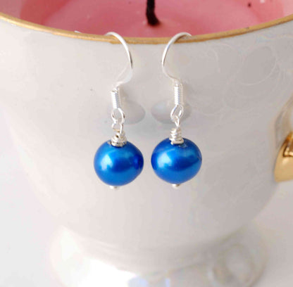 8mm 925 Sterling Silver Round Royal Blue Freshwater Pearl Dangle Earrings