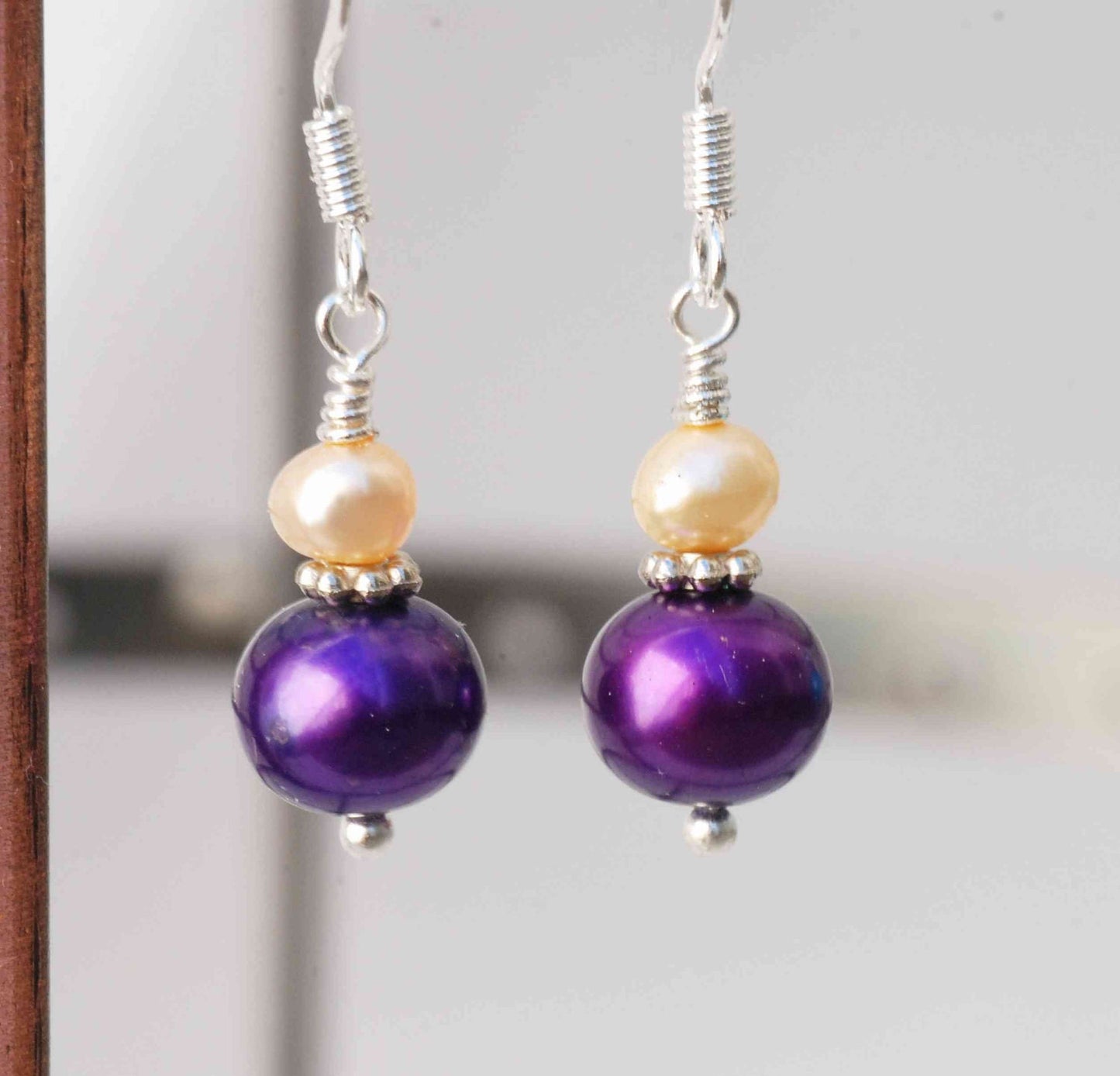 8-9mm 925 Sterling Silver Round Claret Purple Freshwater Pearl Dangle Earrings